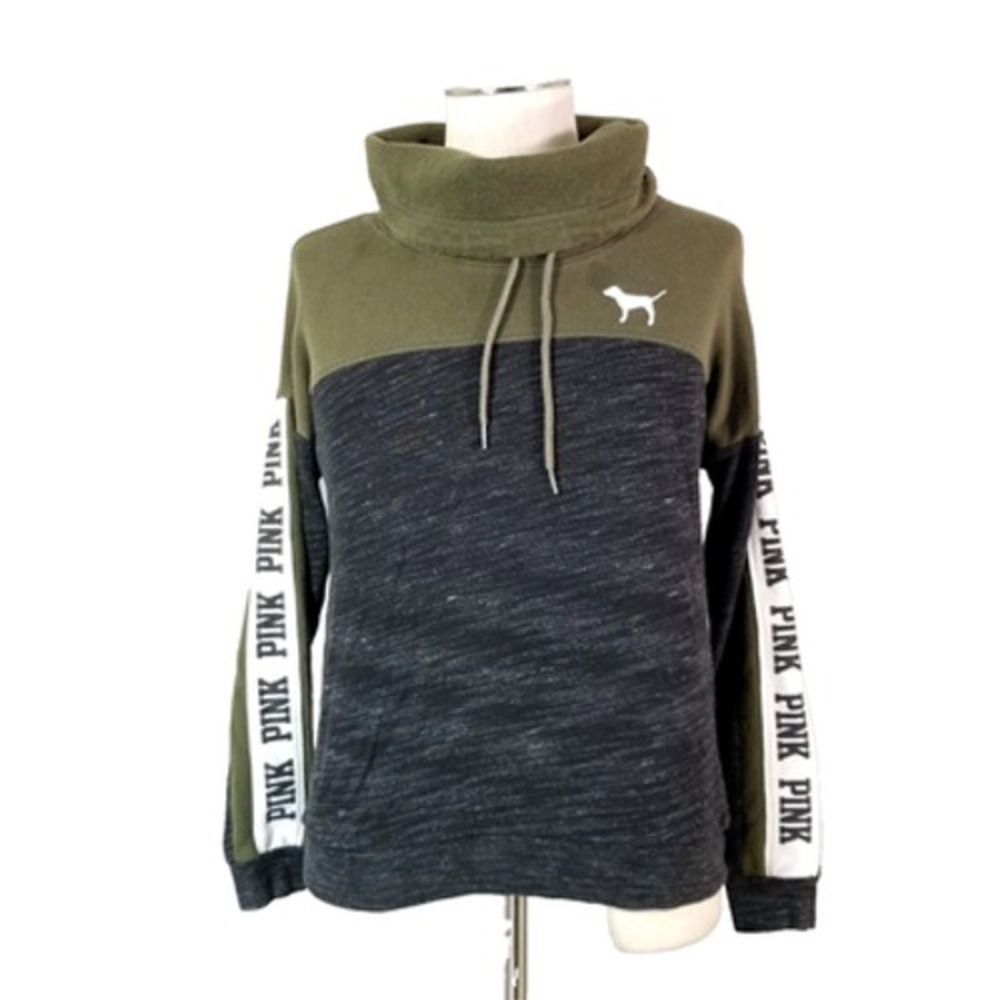 PINK Sweatshirt Women Small Green Pullover Cowl Neck Logo Tape Fleece Activewear